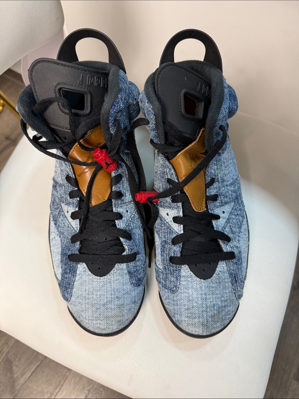 Nike High-Top Denim-Look Sneakers in Blue, Black & Tan with Red Lace Locks